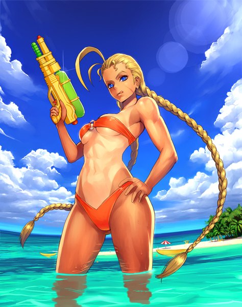 Anime picture 1278x1615 with street fighter cammy white ogami single tall image looking at viewer blue eyes light erotic blonde hair sky cloud (clouds) braid (braids) very long hair hand on hip beach twin braids scar sand girl swimsuit