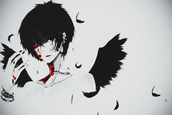 Anime picture 1280x858 with katekyou hitman reborn rokudo mukuro yuutera miko single looking at viewer short hair open mouth black hair simple background red eyes wide image black eyes tattoo heterochromia monochrome black wings spot color blending boy animal