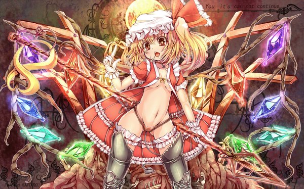 Anime picture 1920x1199 with touhou flandre scarlet kantarou (nurumayutei) looking at viewer highres short hair open mouth light erotic blonde hair red eyes wide image girl thighhighs navel weapon wings frills bonnet laevatein (touhou)