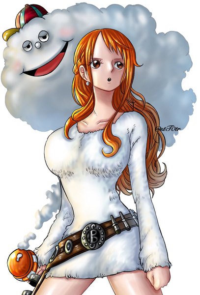 Anime-Bild 815x1200 mit one piece toei animation nami (one piece) zeus (one piece) stt0tr single long hair tall image fringe breasts open mouth simple background smile large breasts standing white background holding signed payot looking away