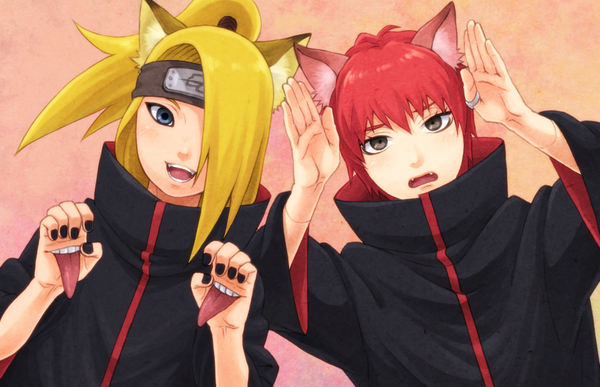 Anime picture 930x600 with naruto studio pierrot naruto (series) deidara sasori aju (maccha an) long hair looking at viewer blush fringe short hair open mouth blue eyes blonde hair simple background smile hair between eyes animal ears ahoge upper body