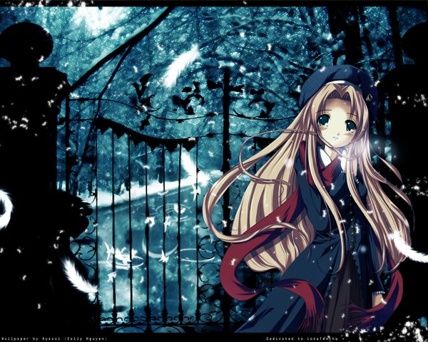 Anime picture 1280x1024 with snow (game) studio mebius nimura yuuji rain ripples girl feather (feathers)