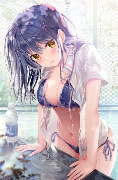 Anime picture 1632x2500 with twinbox school original nanami yuuno sousouman single long hair tall image looking at viewer blush fringe breasts open mouth light erotic hair between eyes large breasts standing signed yellow eyes blue hair outdoors