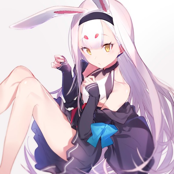 Anime picture 4000x4000 with azur lane shimakaze (azur lane) aida (chinhung0612) single long hair looking at viewer blush fringe highres light erotic simple background white background sitting bare shoulders animal ears yellow eyes absurdres bent knee (knees) white hair bunny girl