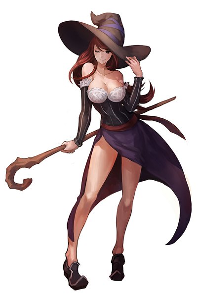 Anime picture 800x1197 with dragon's crown vanillaware sorceress (dragon's crown) imari (artist) single long hair tall image looking at viewer breasts light erotic simple background large breasts standing white background bare shoulders red hair one eye closed wink black eyes girl