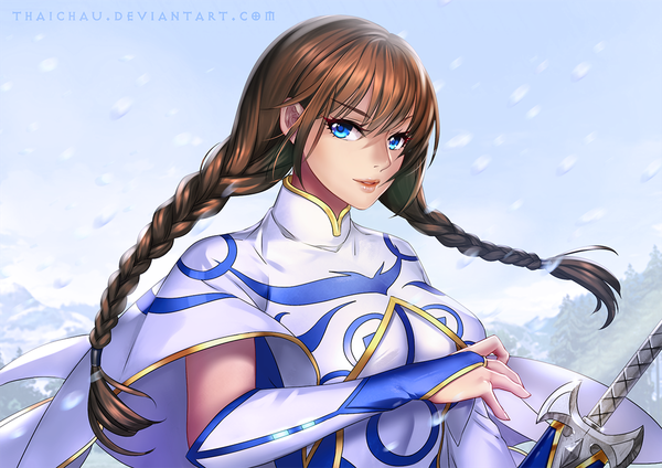 Anime picture 1132x800 with original riiya (mabong1989) single long hair looking at viewer fringe breasts blue eyes hair between eyes brown hair signed upper body outdoors braid (braids) parted lips wind lips twin braids snowing snow
