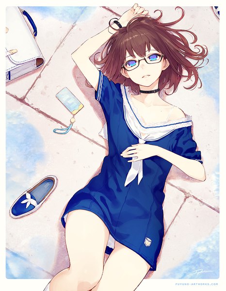 Anime picture 875x1125 with original yuranpo single tall image looking at viewer fringe short hair blue eyes brown hair signed lying parted lips head tilt from above off shoulder mole short sleeves on back border floor