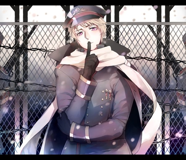 Anime picture 1600x1382 with axis powers hetalia studio deen russia (hetalia) ayatoki-1 single looking at viewer fringe short hair blonde hair purple eyes finger to mouth snowing letterboxed winter boy gloves uniform hat black gloves scarf