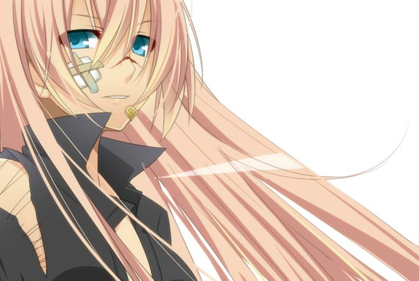 Anime picture 1500x1009 with vocaloid megurine luka sama (artist) single long hair blue eyes simple background white background pink hair torn clothes bandaid on face girl blood bandaid