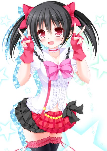 Anime picture 1146x1618 with love live! school idol project sunrise (studio) love live! yazawa nico yunagi amane single long hair tall image looking at viewer blush fringe open mouth black hair smile red eyes twintails girl thighhighs dress bow