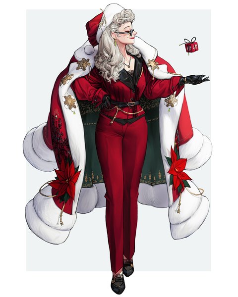 Anime picture 1762x2202 with original rinotuna single long hair tall image highres simple background smile standing white background full body white hair eyes closed long sleeves profile fur trim hand on hip lipstick christmas red lipstick