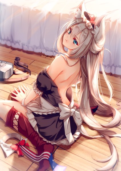 Anime picture 1358x1920 with azur lane hammann (azur lane) clouble single long hair tall image looking at viewer fringe blue eyes light erotic blonde hair hair between eyes sitting animal ears full body bent knee (knees) head tilt looking back sunlight sparkle