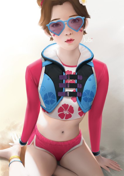Anime picture 2480x3508 with overwatch blizzard entertainment d.va (overwatch) waveracer d.va jubi (regiana) single tall image looking at viewer highres short hair light erotic brown hair sitting brown eyes signed long sleeves head tilt barefoot lipstick gradient background