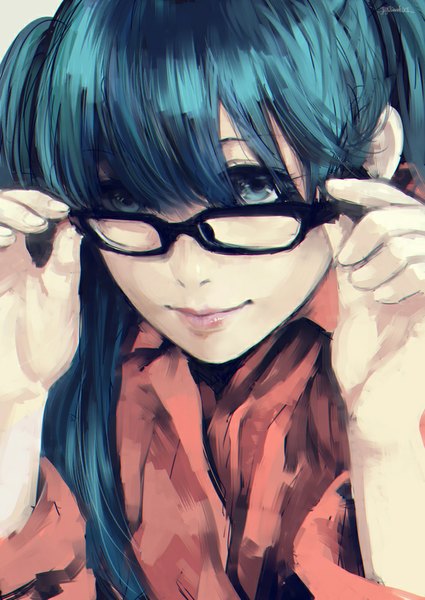 Anime picture 708x1000 with vocaloid hatsune miku yuji kazakiri single long hair tall image looking at viewer blue eyes twintails signed blue hair portrait close-up adjusting glasses girl glasses