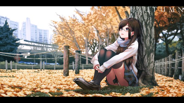Anime picture 2222x1250 with original alaif (alfio purwanto) single long hair blush fringe highres blue eyes light erotic brown hair wide image sitting signed looking away full body outdoors parted lips pantyshot depth of field sleeves past wrists