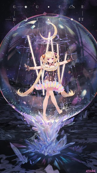 Anime-Bild 900x1600 mit vocaloid synthesizer v shian (synthesizer v) atdan single tall image looking at viewer blush fringe blonde hair twintails bare shoulders signed payot full body blunt bangs braid (braids) very long hair pink eyes barefoot