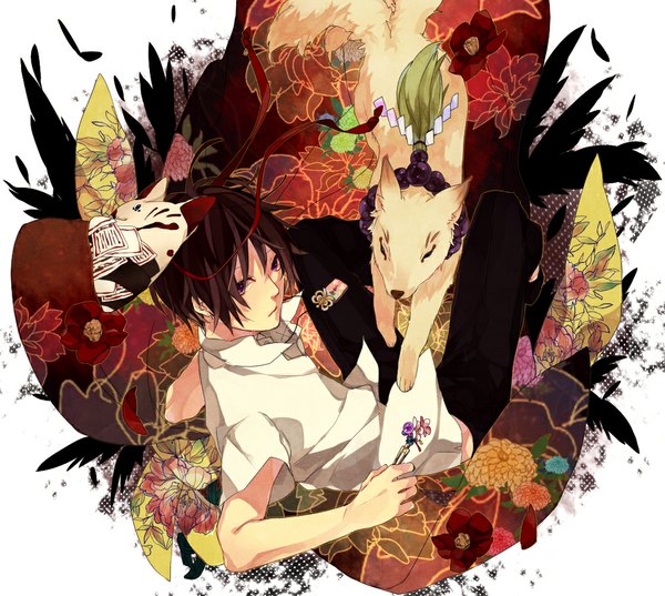Anime picture 1005x900 with original saikawa single looking at viewer short hair brown hair sitting purple eyes ahoge looking back floral print open collar multiple tails boy hair ornament flower (flowers) ribbon (ribbons) animal shirt pants