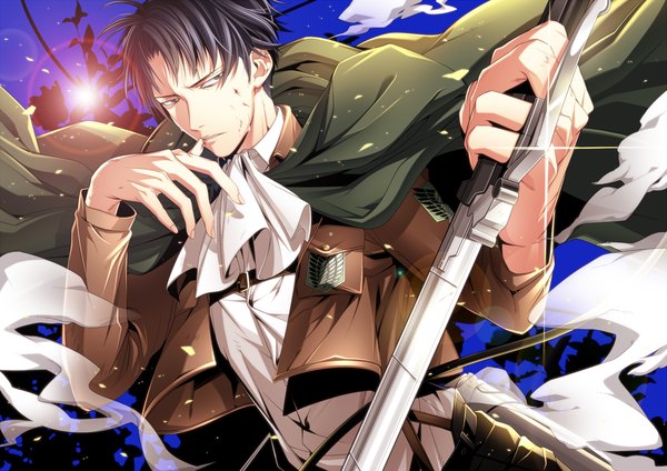 Anime picture 1402x992 with shingeki no kyojin production i.g levi (rivaille) mtktc single short hair black hair brown eyes open clothes open jacket boy weapon sword blood