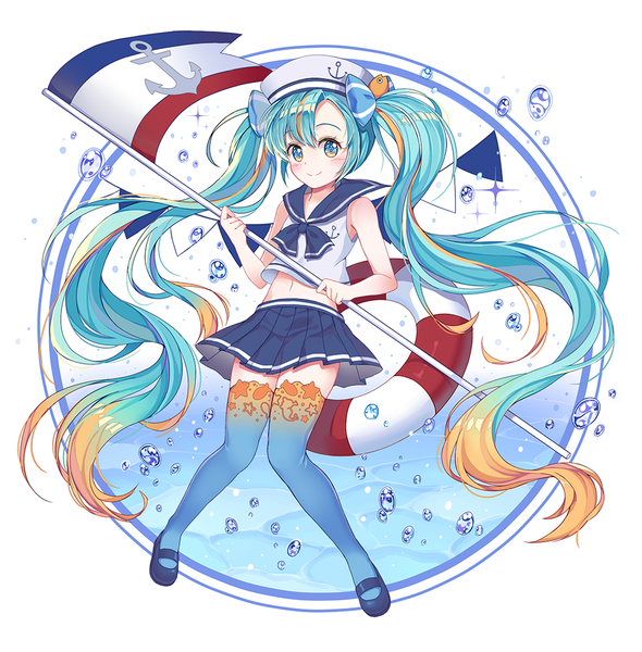 Anime picture 983x1000 with vocaloid hatsune miku marine miku chobi (penguin paradise) single tall image looking at viewer blush blue eyes smile white background twintails very long hair multicolored hair orange hair aqua hair streaked hair multicolored eyes girl thighhighs
