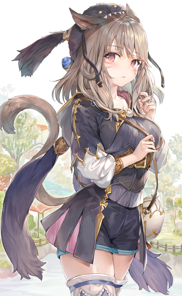 Anime picture 1000x1619 with final fantasy final fantasy xiv square enix miqo'te momoko (momopoco) single long hair tall image looking at viewer blush fringe red eyes brown hair standing animal ears payot outdoors tail parted lips animal tail