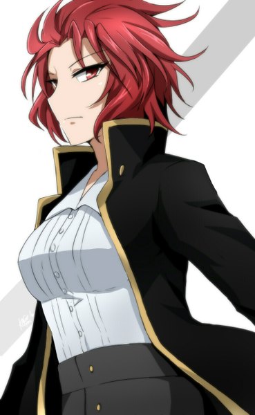 Anime picture 800x1300 with akuma no riddle namatame chitaru kago-tan single tall image looking at viewer short hair simple background red eyes white background signed red hair profile girl uniform