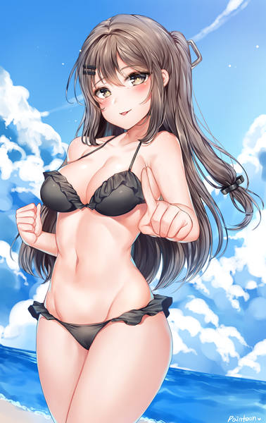 Anime picture 1700x2700 with girls frontline k-2 (girls frontline) zerocat single long hair tall image looking at viewer blush fringe breasts light erotic hair between eyes brown hair large breasts standing bare shoulders signed yellow eyes payot sky