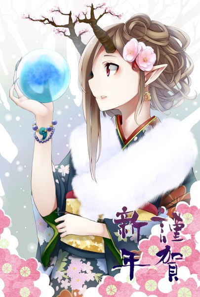 Anime picture 900x1331 with original retsuna single tall image short hair red eyes brown hair looking away traditional clothes japanese clothes profile horn (horns) pointy ears oni horns girl flower (flowers) kimono fur ball fur-trimmed kimono