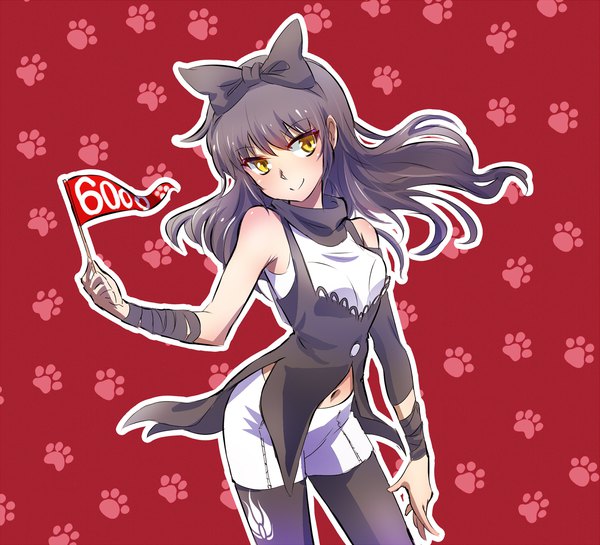 Anime picture 1800x1636 with rwby rooster teeth blake belladonna iesupa single long hair looking at viewer fringe highres black hair smile yellow eyes paw print outline legwear under shorts girl navel bow hair bow pantyhose