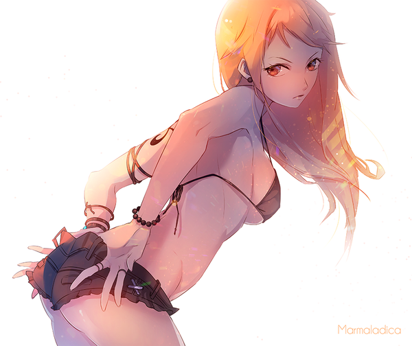 Anime picture 926x778 with one piece toei animation nami (one piece) marmalade (elfless vanilla) single long hair looking at viewer breasts light erotic simple background white background signed ass orange hair orange eyes tattoo leaning leaning forward sideboob underboob