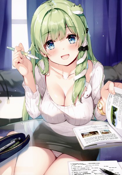 Anime picture 2656x3800 with touhou kochiya sanae miyase mahiro single long hair tall image looking at viewer blush fringe highres breasts open mouth blue eyes light erotic smile large breasts sitting holding cleavage indoors
