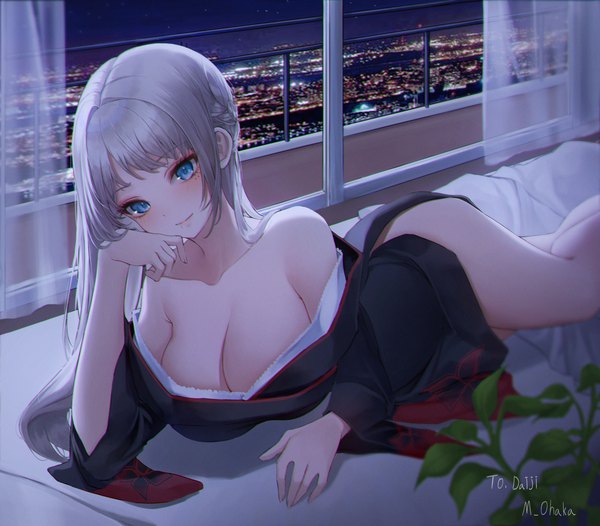 Anime picture 3000x2628 with original ame 816 single long hair looking at viewer blush fringe highres breasts blue eyes light erotic large breasts bare shoulders signed cleavage silver hair indoors braid (braids) traditional clothes head tilt