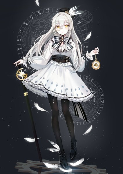 Anime picture 1768x2500 with red: pride of eden original iren lovel single long hair tall image looking at viewer fringe highres simple background hair between eyes standing holding yellow eyes payot silver hair full body long sleeves standing on one leg dark background