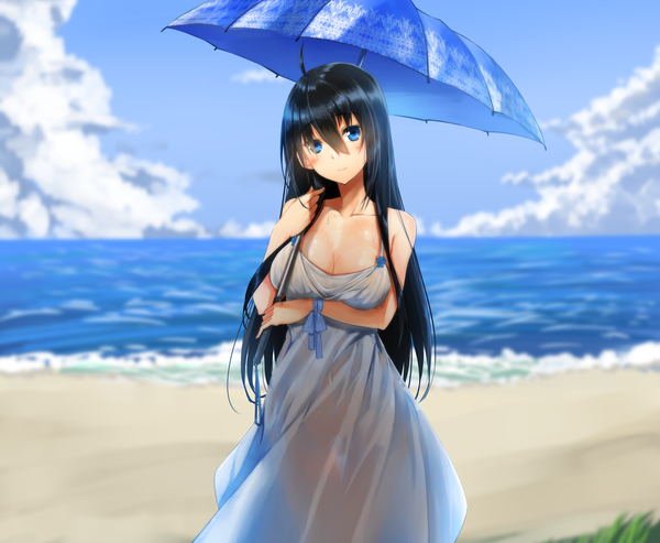 Anime picture 1800x1481 with original ukeuke single long hair looking at viewer blush fringe highres breasts blue eyes light erotic black hair smile hair between eyes large breasts standing bare shoulders sky cleavage cloud (clouds)