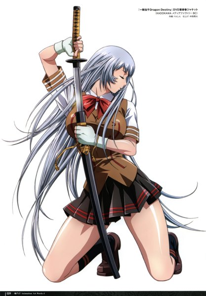 Anime picture 4950x7121 with ikkitousen chouun shiryuu rin sin single long hair tall image highres simple background white background absurdres eyes closed grey hair scan official art girl gloves uniform weapon school uniform sword