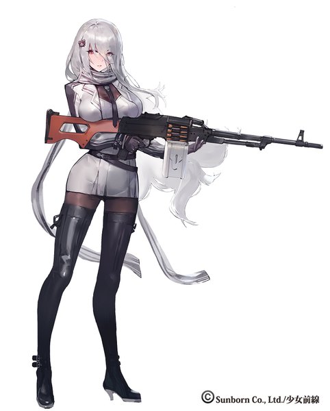 Anime-Bild 804x1000 mit girls frontline pk (girls frontline) kishiyo single long hair tall image looking at viewer blush fringe breasts simple background hair between eyes red eyes standing white background holding silver hair full body parted lips head tilt