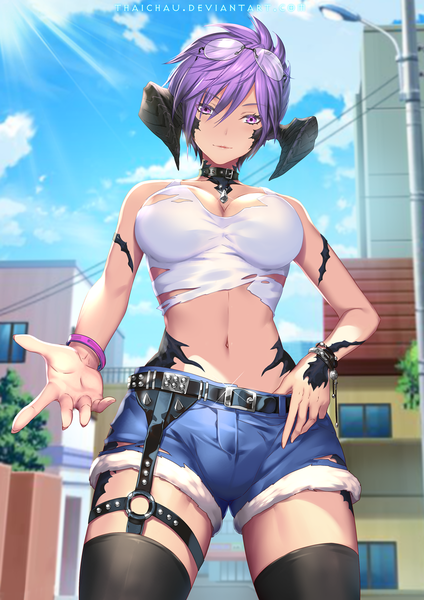 Anime picture 848x1200 with final fantasy final fantasy xiv square enix au ra riiya (mabong1989) single tall image looking at viewer blush fringe short hair breasts light erotic hair between eyes large breasts standing purple eyes bare shoulders signed sky