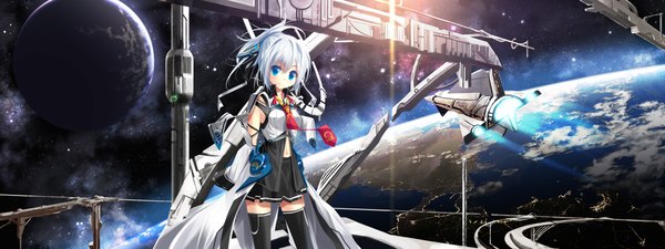 Anime picture 2200x825 with original kouji (astral reverie) blush highres blue eyes smile wide image white hair space girl thighhighs skirt detached sleeves miniskirt necktie moon star (stars) cloak planet earth