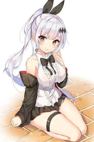 Anime picture 700x1061 with girls frontline five-seven (girls frontline) noboru (kamine204136) single long hair tall image looking at viewer blush fringe breasts simple background smile large breasts white background sitting bare shoulders yellow eyes payot silver hair full body