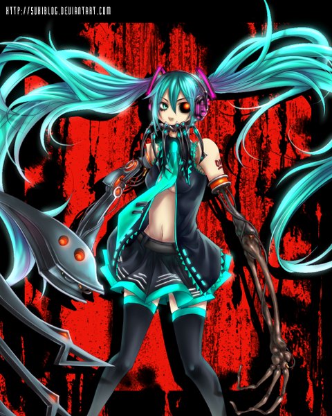 Anime picture 1024x1280 with vocaloid hatsune miku sukiblog single tall image looking at viewer light erotic blue hair very long hair open clothes open shirt zettai ryouiki heterochromia mechanical parts girl thighhighs skirt navel black thighhighs socks
