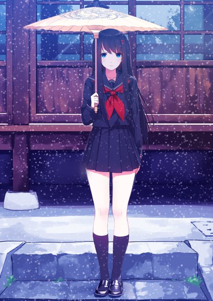 Anime picture 1000x1414 with original caidychen single long hair tall image looking at viewer blue eyes black hair standing holding pleated skirt snowing winter girl skirt uniform hair ornament miniskirt socks serafuku