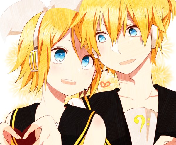 Anime picture 1333x1100 with vocaloid kagamine rin kagamine len monaco0704 fringe short hair open mouth blue eyes blonde hair hair between eyes looking away twins heart hands brother and sister girl boy bow hair bow heart headphones