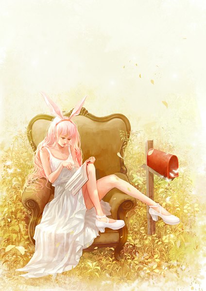 Anime picture 835x1181 with original wallace (artist) single long hair tall image fringe animal ears pink hair outdoors wind lips bunny ears legs fake animal ears field reading girl dress flower (flowers) plant (plants)
