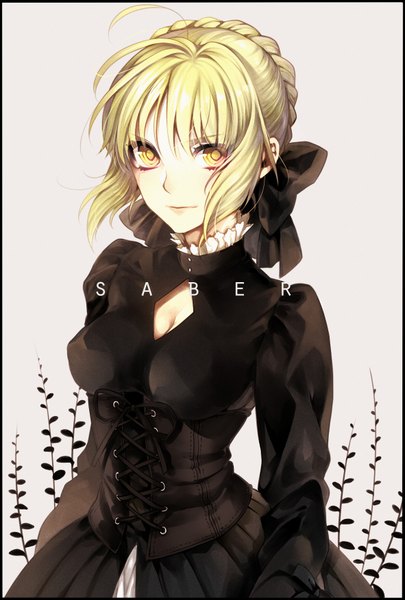 Anime picture 1181x1748 with fate (series) fate/stay night studio deen type-moon artoria pendragon (all) saber saber alter tayuya1130 single tall image short hair simple background blonde hair yellow eyes braid (braids) light smile inscription lacing girl bow