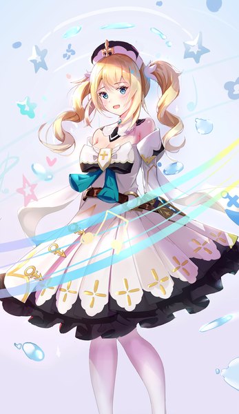 Anime picture 2000x3456 with genshin impact barbara (genshin impact) zhongwu chahui single long hair tall image looking at viewer blush fringe highres breasts open mouth blue eyes simple background blonde hair smile hair between eyes standing twintails payot