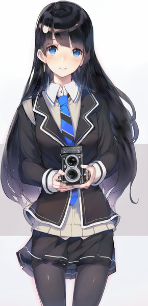 Anime picture 630x1300 with original hadean92 single long hair tall image looking at viewer blush fringe breasts blue eyes black hair smile holding head tilt pleated skirt girl skirt uniform school uniform earrings