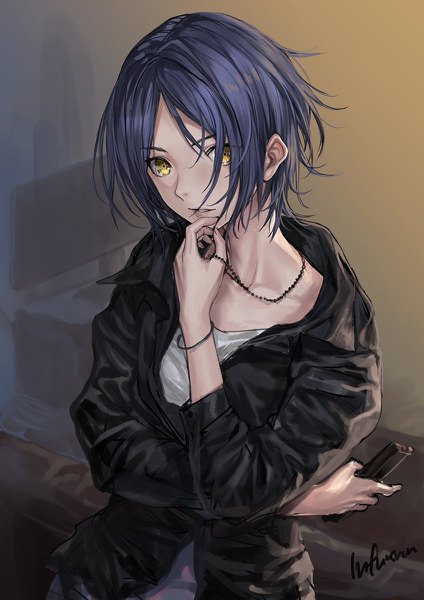 Anime picture 848x1200 with idolmaster idolmaster cinderella girls hayami kanade infukun single tall image looking at viewer short hair signed yellow eyes blue hair upper body from above girl pendant