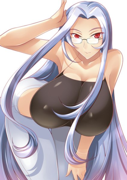 Anime picture 800x1132 with mobile suit gundam gundam g no reconguista sunrise (studio) haganef single long hair tall image looking at viewer breasts light erotic simple background red eyes white background silver hair leaning leaning forward huge breasts girl gloves glasses