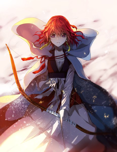 Anime picture 1500x1949 with akatsuki no yona studio pierrot yona (akatsuki no yona) sakurai (saku1460) single tall image looking at viewer fringe short hair hair between eyes standing purple eyes holding sky outdoors red hair traditional clothes japanese clothes wind wide sleeves