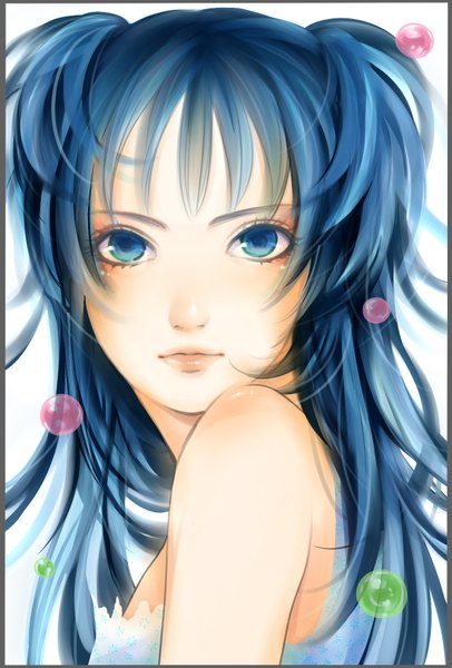Anime picture 1192x1759 with original tayuya1130 single long hair tall image blue eyes simple background white background twintails bare shoulders blue hair realistic border short twintails girl bubble (bubbles)