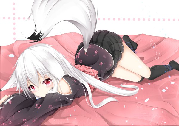 Anime picture 2064x1457 with original masa000010 single long hair looking at viewer blush fringe highres hair between eyes red eyes animal ears silver hair full body tail lying long sleeves traditional clothes japanese clothes animal tail pleated skirt